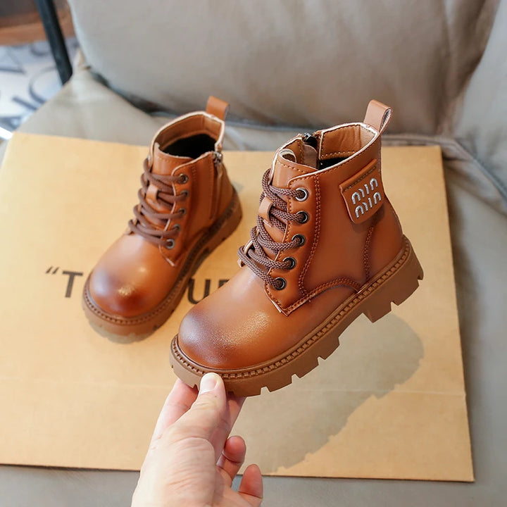 Children Platform Ankle Boots New Round-toe Black Boots for Girl Solid Color Causal Kids Fashion Short Leather Boots Side Zipper