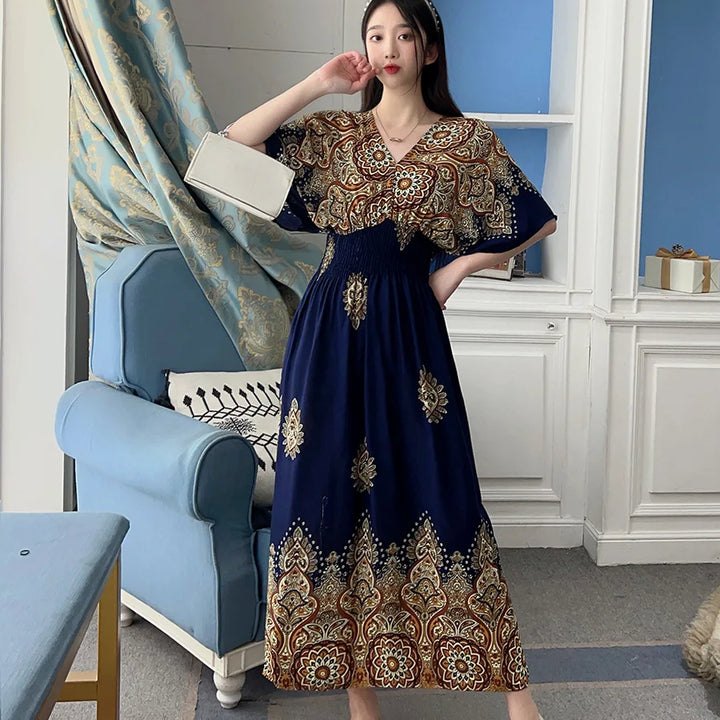 V-neck Large Skirt Hem Casual Sweet Long Dress Bat Sleeves Elastic Waist Bohemian Print Floral Elegant .