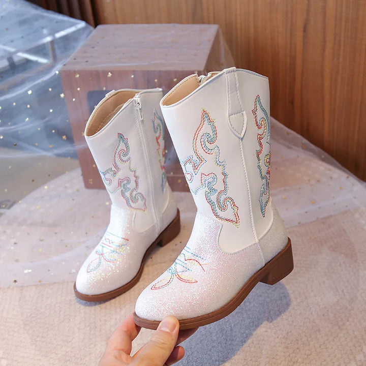 Girls Boots Toddler Snow Gear Mid Calf Glitter Western Cowboy Boot 2025 Autumn Big Kid Riding Girls Botas Size 27-36 Kids Shoes