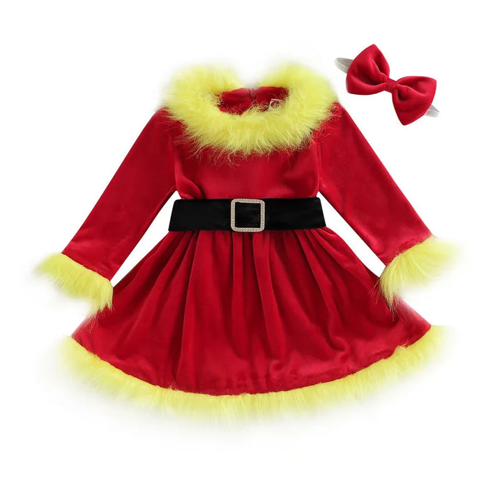 Christmas Baby Girl Clothes Party Dresses Long Sleeve O Neck Plush Patchwork A-line Dress with Belt and Headband Baby Clothing