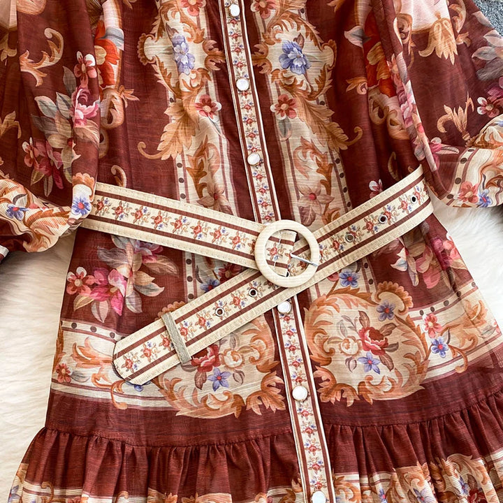 New Retro Court Printed Lapel Lantern Sleeve Cinched Waist Single Breasted Long Sleeve Elegant Long Dress