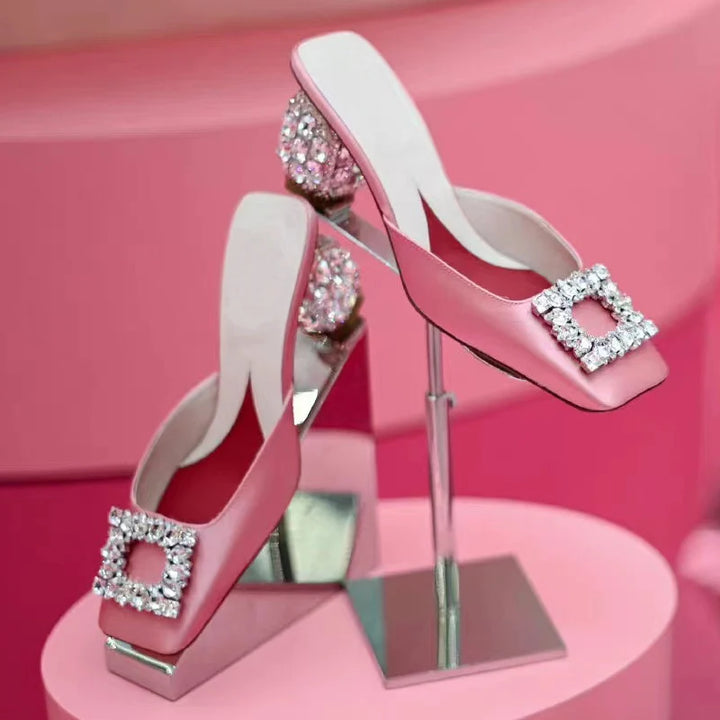 New Rhinestone Pumps Women Square Toe Slip-on Mules Female Crystal High Heels Women Dress Shoes Women sandalias de las mujeres