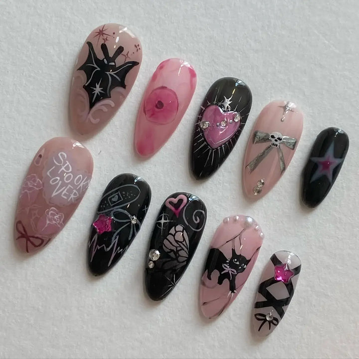 24Pc Halloween False Nails with Almond Head Designs Cute Clown Fake Nails French Full Cover Manicure Press on Nail Tips for Girl