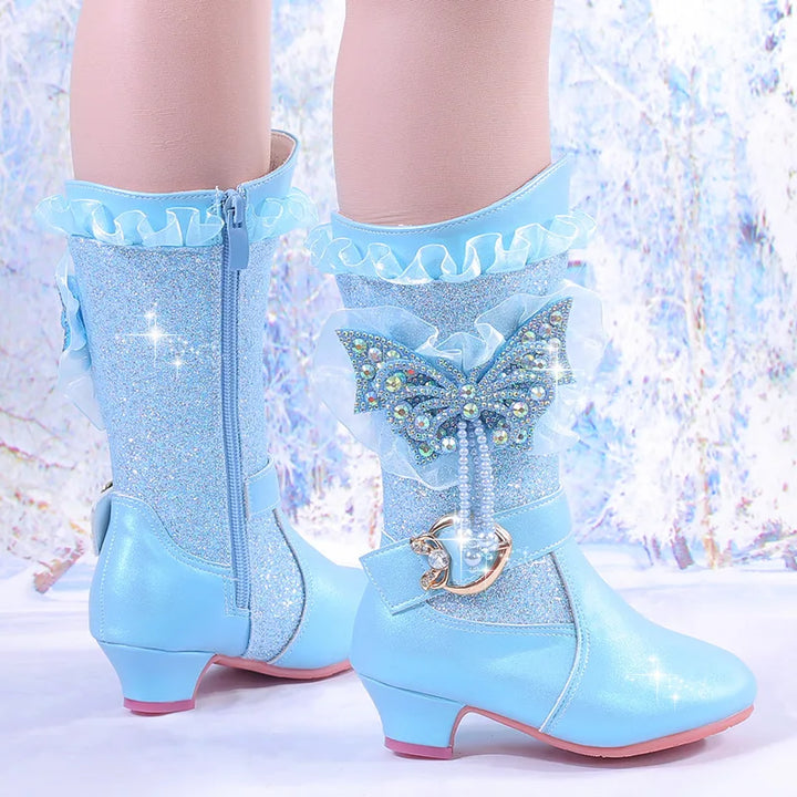2025 Girls High Heel Boots Children's Sequins Rhindiamonds Butterfly-knot Princess Boots with Velvet Warm Mid-tube Kids Boots