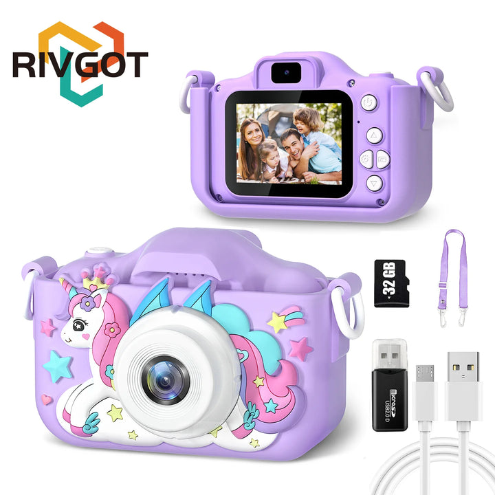 Unicorn Kids Toy Cameras 1080P HD Video Camera 48MP Dual Camera With Silicone Protective Cover 32GB Card Boy Girl Birthday Gifts