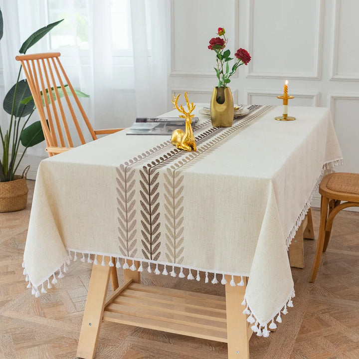 orthern European simple tassel cotton linen table cloth embroidery flower leaves party American decorative dust table cloth