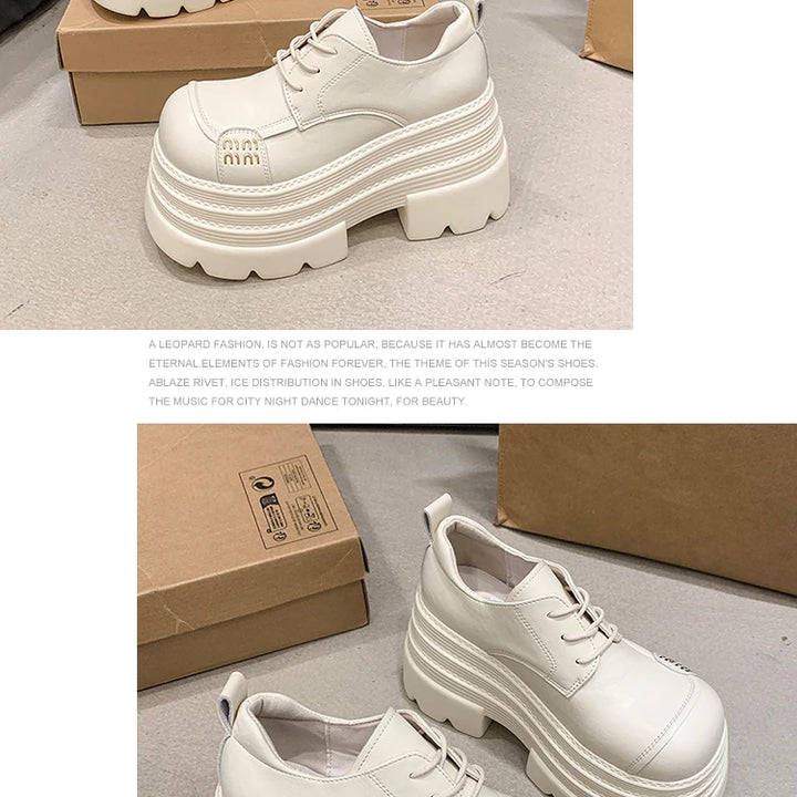 Women's Leather Sneakers New High Platform Lace-up Casual Shoes Thick Sole 10CM Heels Walking Shoes Zapatos Mujer