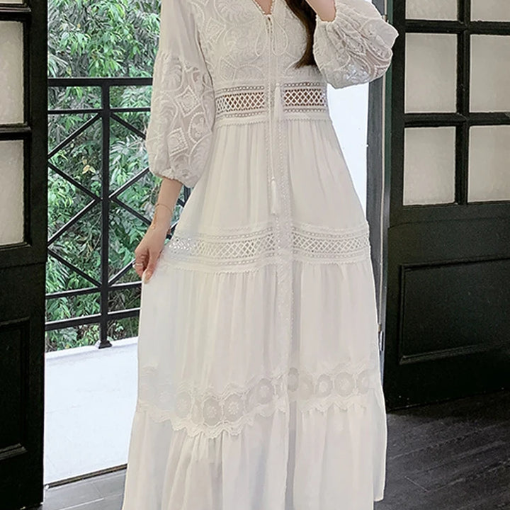 White Long Dress Boho Hollow Out Dress Ladies Elegant Vintage Loose Vestidos