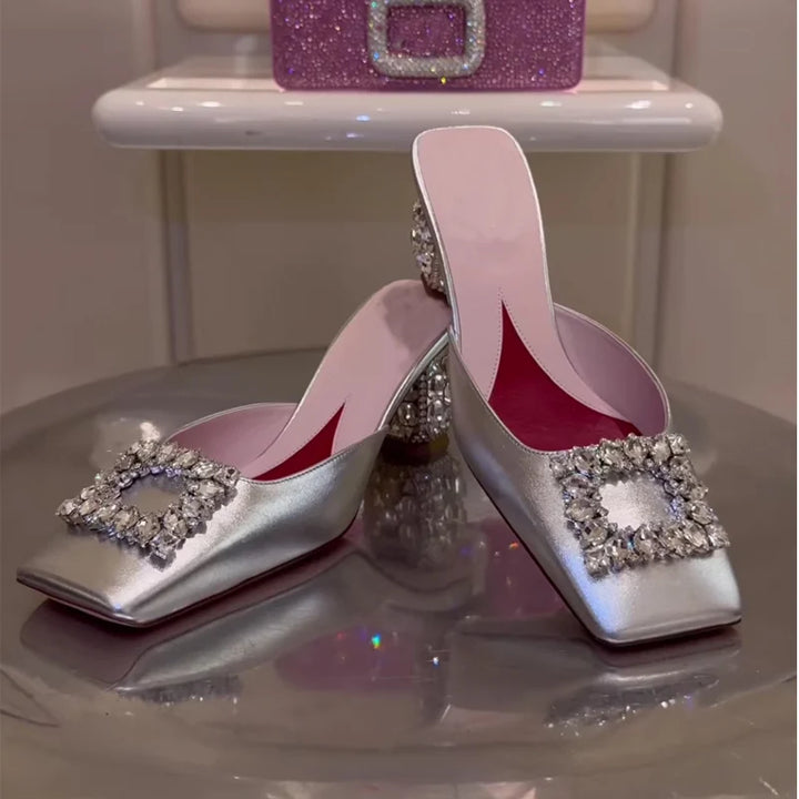 New Rhinestone Pumps Women Square Toe Slip-on Mules Female Crystal High Heels Women Dress Shoes Women sandalias de las mujeres
