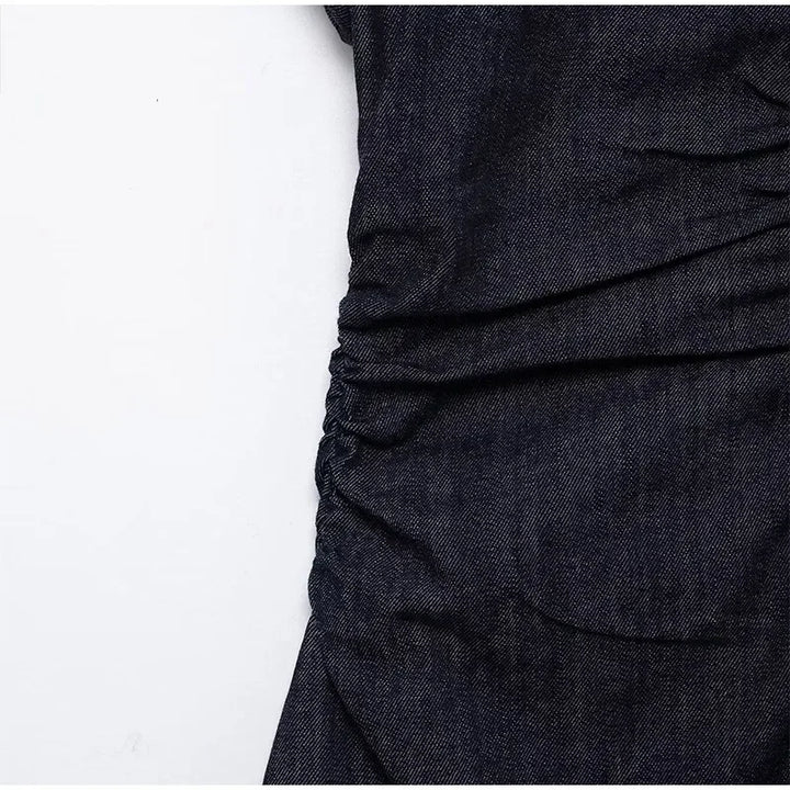 V-neck Denim Dress Fashion Slim Long Dress Chic Short Sleeves Single Button High.