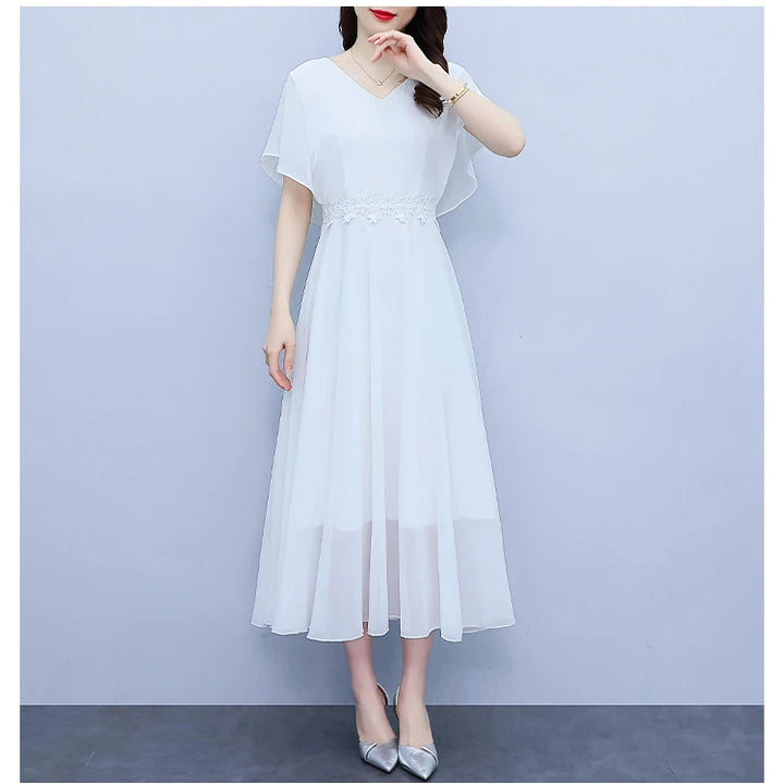 Long Elegant Dress White Chiffon /Black Butterfly Sleeve  Women Bodycon Chic Prom Night Dress