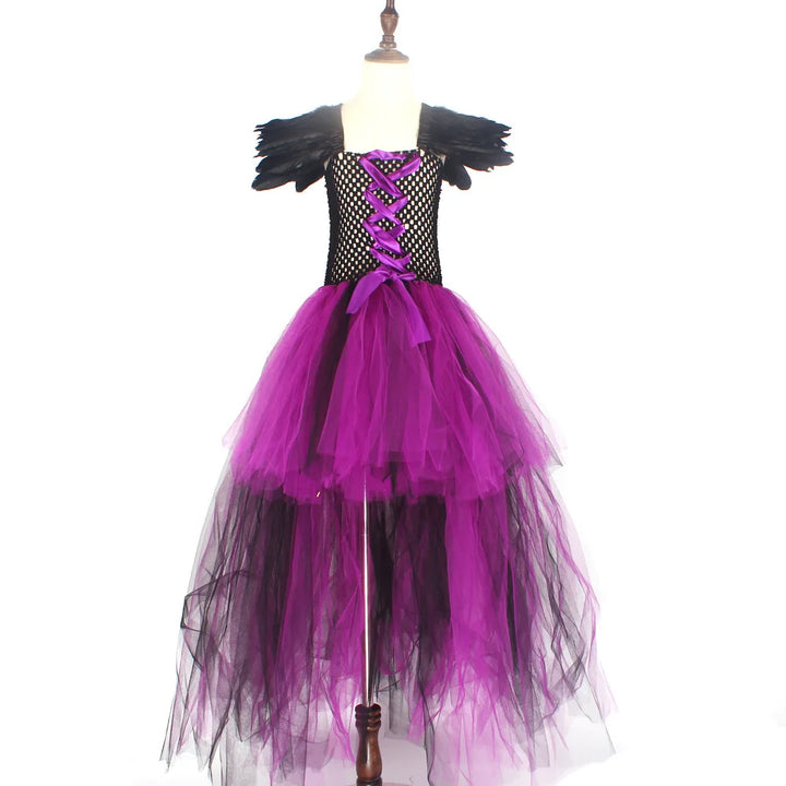Halloween Children Costume Tulle Dress Girls Cosplay Vestidos Party Evil Queen Mesh Princess Dress Kids Crow Wand