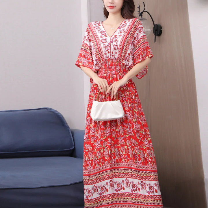 V-neck Large Skirt Hem Casual Sweet Long Dress Bat Sleeves Elastic Waist Bohemian Print Floral Elegant .
