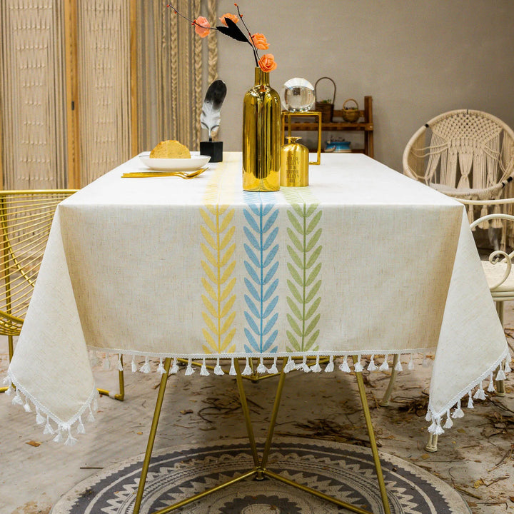 orthern European simple tassel cotton linen table cloth embroidery flower leaves party American decorative dust table cloth