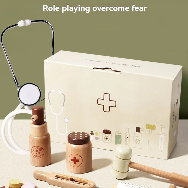 Children playing house simulation, doctors, nurses, stethoscopes, medical kits, syringes, toy sets, wooden boys and girls