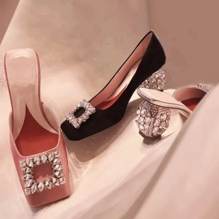 New Rhinestone Pumps Women Square Toe Slip-on Mules Female Crystal High Heels Women Dress Shoes Women sandalias de las mujeres