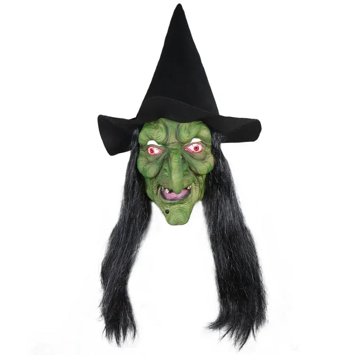 Halloween Horror Old Witch Mask with Hat Cosplay Scary Clown Hag Latex Masks Green Face Big Nose Old Women Costume Party Props
