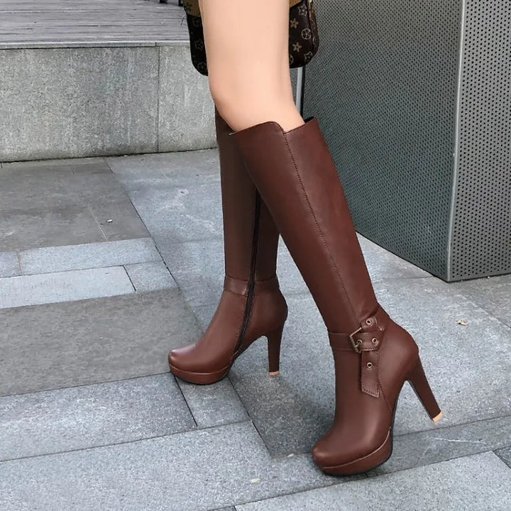 winter The New fashion Side zipper Thick heel 10CM Women boots black Sexy Knee Plus velvet Keep warm High heel Women boots 34-43
