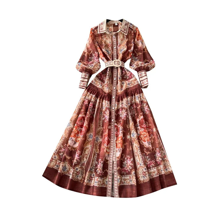 New Retro Court Printed Lapel Lantern Sleeve Cinched Waist Single Breasted Long Sleeve Elegant Long Dress