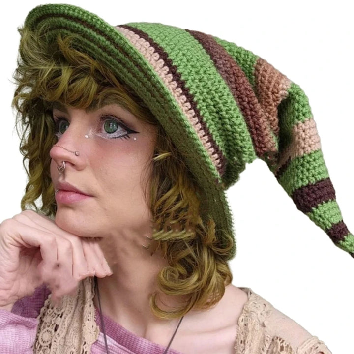 1PC Halloween Party Crocheted Witch Hats Party Wide Brim Pointed Hat Accessory Funny Cosplay Witch Hat with Stripes Photo Prop