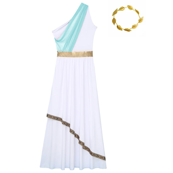 Women Halloween Ancient Greek Dress Ancient Greek Toga Costumes Robe One Shoulder Chiffon Overlay Tunic Dress with Headwear