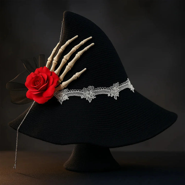 Halloween Cosplay Witch Hat with Skeleton Hand Red Rose Lace Design Gothic Lolita Costume Accessory for Girls Women