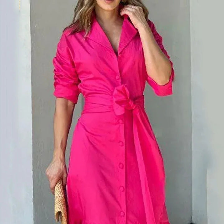 Women Long Sleeve dress Turn Down Collar Single Breasted Button Solid Loose fit