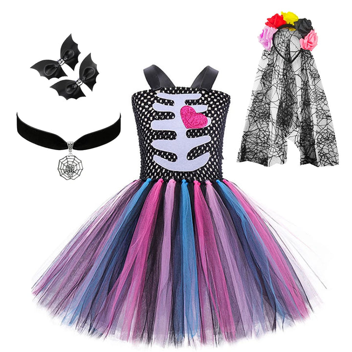 Halloween Kids Dress Cosplay Heart Print Skeleton Costumes Girls Floral Skull Tutu Clothes Children Carnival Performance Outfits