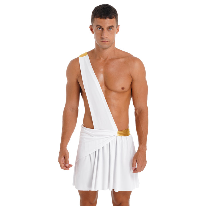 Halloween Ancient Greek Warrior Cosplay Costume Mens One Shoulder Strap Contrast Color Ruffle Skirt Carnival Theme Party Wear