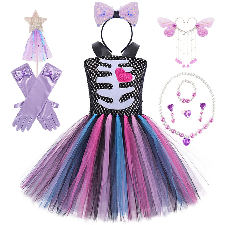Halloween Kids Dress Cosplay Heart Print Skeleton Costumes Girls Floral Skull Tutu Clothes Children Carnival Performance Outfits