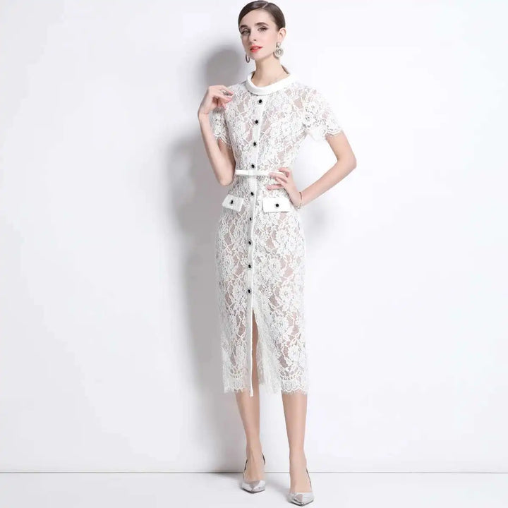 Luxury Crystal White Lace Embroidery Pencil Dress Elegant Short Sleeve Single Breasted Midi Dress.