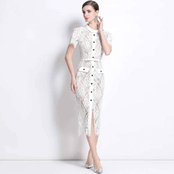 Luxury Crystal White Lace Embroidery Pencil Dress Elegant Short Sleeve Single Breasted Midi Dress.