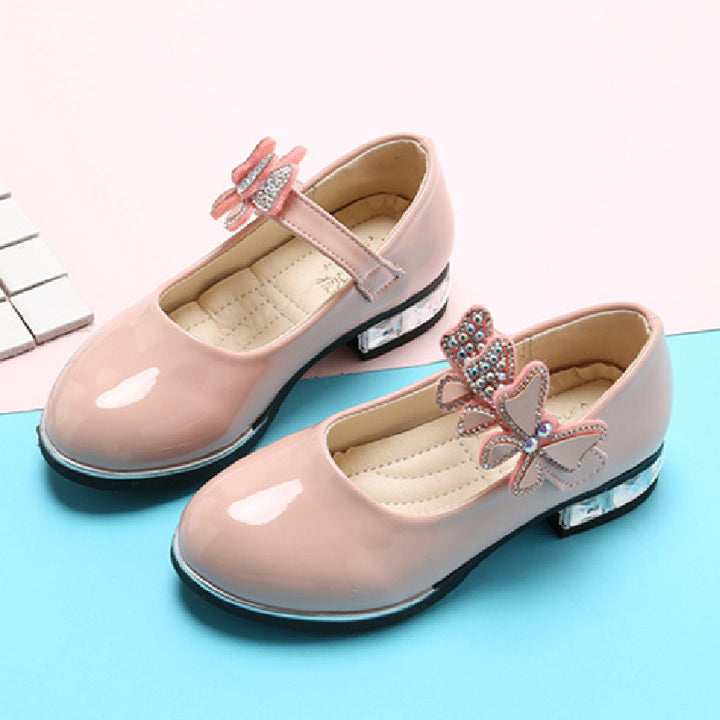 Girls Leather Shoes 2022 Spring Summer PU Patent Leather Kids Dress Shoes High Heels Butterfly-knot Dress Shoes for Wedding Chic