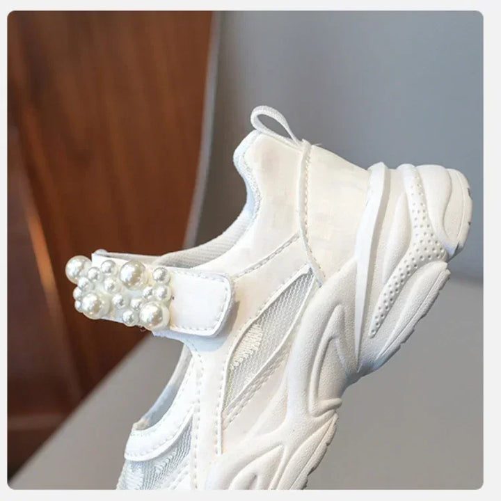Children's Sneakers New Mesh Sports Shoes Spring Autumn Girls Fashion Shallow Breathable Pearl Tennis Kids Causal Flats