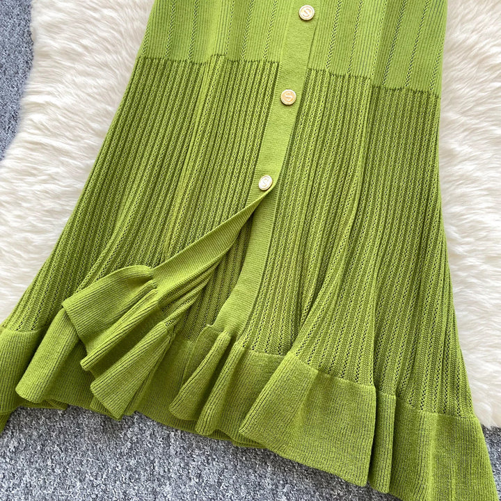 Vintage Single Breasted Women's Knitted Long Dress High Waist Short Sleeve Ruffles Straight Dress