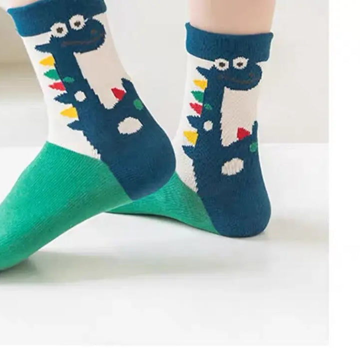 5 Pairs Autumn Winter New Style Children's Socks Mid-high Long Dinosaur Cartoon Design Boys Girls Baby Cartoon Socks Wholesale