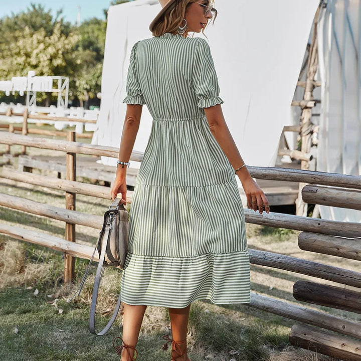 Women Elegant Striped Lantern Sleeve  Causal V-neck Button Ruffles Midi Dress.