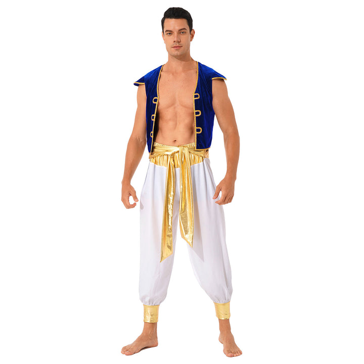 Mens Halloween Costume Mythical Arabian Prince Carnival Cosplay Party Outfit Sequin Trim Waistcoat with Belted Pants