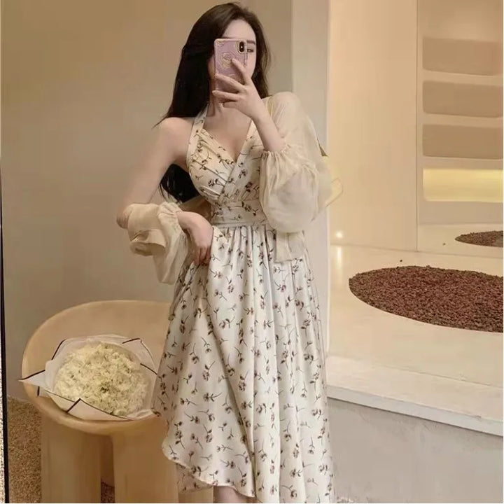 New Gentle Wind Fragmented Flower V-Neck Sling Dress Set Waist Wrap Neck Hanging Long Dress with Thin Cardigan