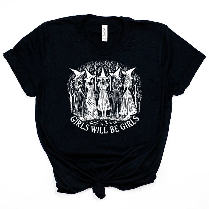 Halloween Girls Will Be Girls Witch Shirt Funny Witch Shirts Girl Power Halloween Women Vintage Clothes Witchy Vibes Tee Tops