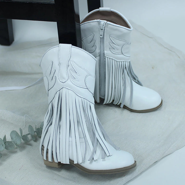 Kids Vintage Western Cowgirls Boots Leather Tassel Princess Low Heeled Knee Boots Cowboys Winter Dress Shoes New Years Christmas