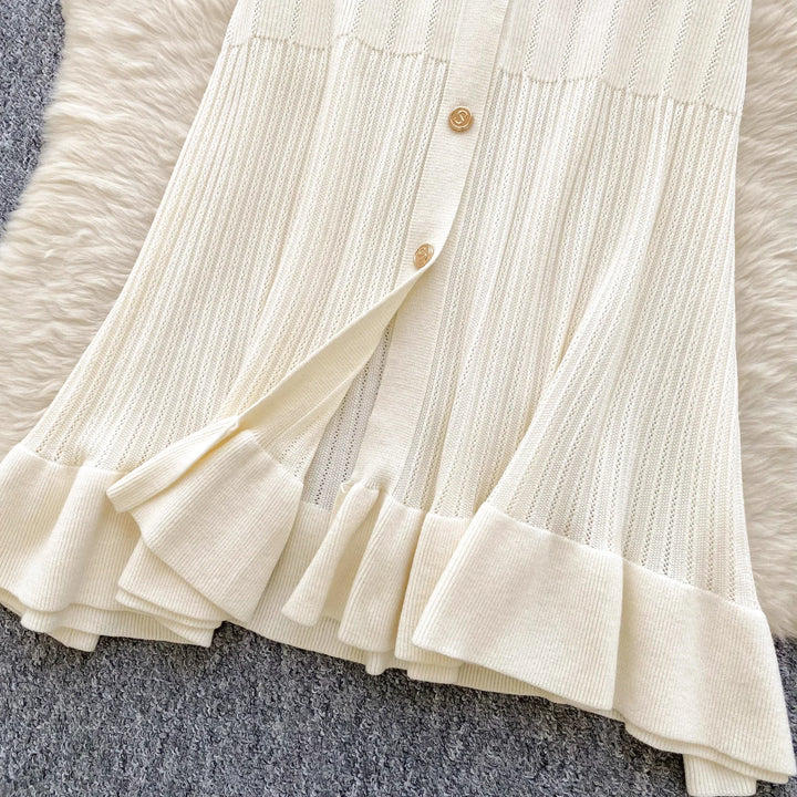Vintage Single Breasted Women's Knitted Long Dress High Waist Short Sleeve Ruffles Straight Dress