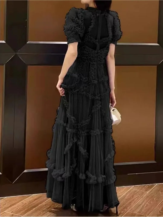 Quality Vintage Layers Ruffle Cake tulle Long Dress Women Blue Dots Elegant Party Evening Vestidos