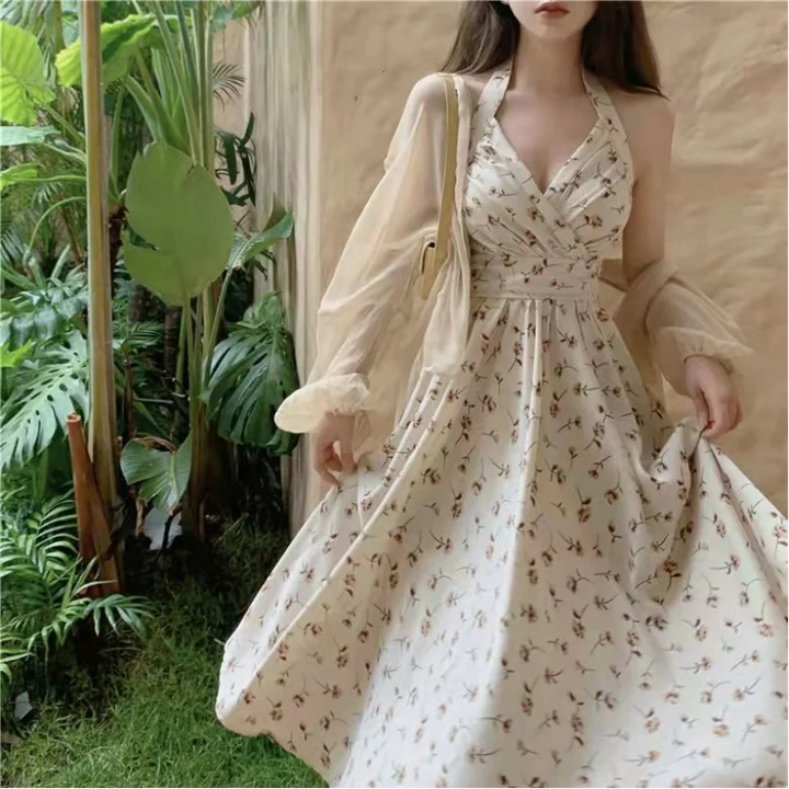 New Gentle Wind Fragmented Flower V-Neck Sling Dress Set Waist Wrap Neck Hanging Long Dress Thin Protection Cardigan