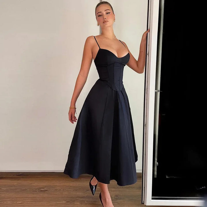 Sexy V-Neck Tank Long Dress Black Open-Back Elegant Dress Fashion French Style Cross-Border Design