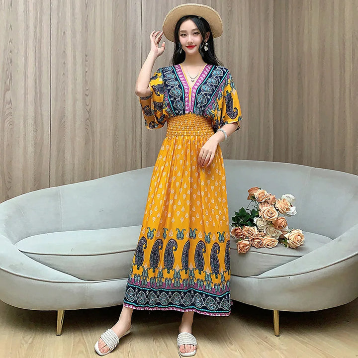 V-neck Large Skirt Hem Casual Sweet Long Dress Bat Sleeves Elastic Waist Bohemian Print Floral Elegant .