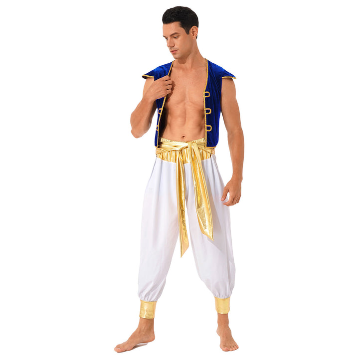 Mens Halloween Costume Mythical Arabian Prince Carnival Cosplay Party Outfit Sequin Trim Waistcoat with Belted Pants
