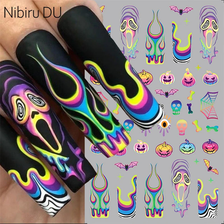Halloween Nail Art Stickers Pumpkin Skull Cartoon Sticker For Women and Girls Press On Nails Decals Holloween Nail Art Supplies