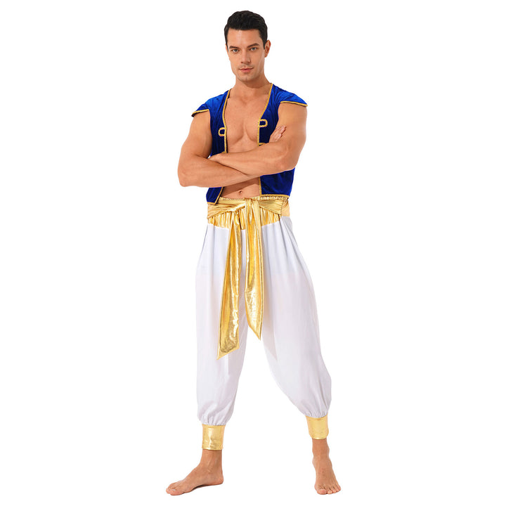 Mens Halloween Costume Mythical Arabian Prince Carnival Cosplay Party Outfit Sequin Trim Waistcoat with Belted Pants
