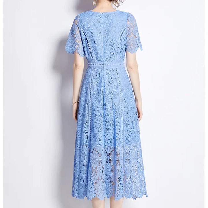 JAMERARY Vintage Holiday Lace Hollow Out Prom Dress For Women's Slim Elegant Short Sleeve Long Dress Female Clothing